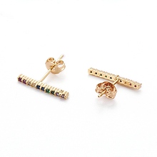 Honeyhandy Brass Micro Pave Cubic Zirconia Stud Crawler Earrings, Climber Earrings, with Brass Ear Nuts, Bar, Colorful, Real 18K Gold Plated, 16x1.5x2mm, Pin: 0.7mm