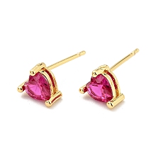 Honeyhandy Deep Pink Cubic Zirconia Heart Stud Earrings, Brass Jewelry for Women, Cadmium Free & Nickel Free & Lead Free, Real 18K Gold Plated, 6x5.5mm, Pin: 0.7mm