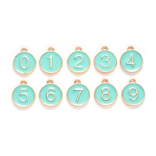 Honeyhandy Light Gold Plated Alloy Enamel Charms, Enamelled Sequins, Flat Round with Number, Number 0~9, Turquoise, 14.5x12x2.5mm, Hole: 1.4mm, 10pcs/set