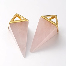 Honeyhandy Natural Rose Quartz Point Pendulum Pendants, with Golden Plated Brass Findings, 30~34x15x15mm, Hole: 5x6mm