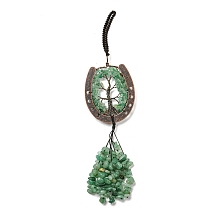 Honeyhandy Natural Green Aventurine Chip Tree of Life Pendants Decoration, Brass Horse Shose Tassel Gems Hanging Ornaments, 220mm, Pendant: 170x59x7mm