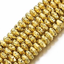 Honeyhandy Electroplated Natural Lava Rock Beads Strands, Hexagon, Bumpy, Golden Plated, 6.5x7.5x4mm, Hole: 1.2mm, about 105pcs/strand, 15.75 inch~15.94 inch(40cm~40.5cm)