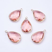 Honeyhandy Golden Tone Brass Glass Teardrop Pendants, Faceted, Misty Rose, 18x10x5mm, Hole: 2mm