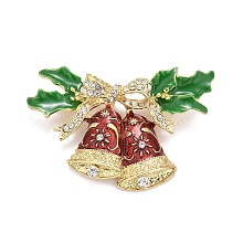 Honeyhandy Colorful Enamel Christmas Bell Brooch with Crystal Rhinestone, Alloy Badge for Backpack Clothes, Golden, 42x66x12.5mm