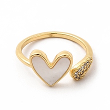 Honeyhandy Natural Shell Heart Open Cuff Ring with Cubic Zirconia, Brass Jewelry for Women, Golden, Inner Diameter: 17mm