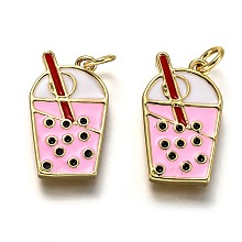 Honeyhandy Brass Enamel Pendants, Long-Lasting Plated, Real 18K Gold Plated, with Jump Ring, Bubble Tea Shape, Pink, 20x12x2.2mm, Hole: 3.2mm