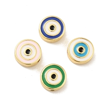 Honeyhandy Brass Beads, with Enamel, Cadmium Free & Lead Free, Long-Lasting Plated, Flat Round with Evil Eye, Real 18K Gold Plated , Mixed Color, 10x4mm, Hole: 1.2mm