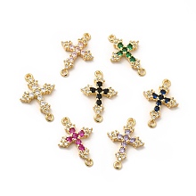 Honeyhandy Eco-Friendly Rack Plating Brass Pave Cubic Zirconia Connector Charms, Lead Free & Cadmium Free, Real 18K Gold Plated, Religion Cross Links, Mixed Color, 24.5x16.5x3.5mm, Hole: 1.4~1.5mm