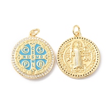 Honeyhandy Rack Plating Brass Pendants, with Enamel, Long-Lasting Plated, Real 18K Gold Plated, Cadmium Free & Lead Free, Flat Round, Cross with Cssml Ndsmd Cross God Father Religious Christianity, Deep Sky Blue, 22.5x20x2mm, Hole: 3mm