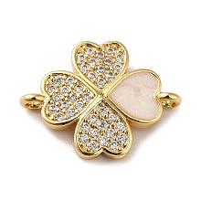 Honeyhandy Eco-Friendly Rack Plating Brass Micro Pave Clear Cubic Zirconia Connector Charms, with Enamel, Long-Lasting Plated, Lead Free & Cadmium Free, Clover, Real 18K Gold Plated, 13.5x17.5x3mm, Hole: 1.4mm