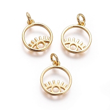 Honeyhandy Brass Pendants, Cut-Out, with Jump Rings, Flat Round with Evil Eye, Golden, 15x12x1.5mm, Hole: 3mm