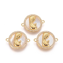 Honeyhandy Brass Micro Pave Cubic Zirconia Links connectors, with Shell, Flat Round with Virgin Mary, Clear, Golden, 15x20x3mm, Hole: 1.4mm