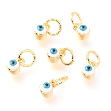 Honeyhandy Brass Enamel Pendants, Long-Lasting Plated, Real 18K Gold Plated, with Jump Rings, Column with Evil Eye, White, 5x3.5x4.5mm,Jump Ring: 5x0.6mm, 3mm inner diameter.