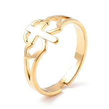 Honeyhandy Double Heart with Cross 304 Stainless Steel Adjustable Ring for Women, Golden, Inner Diameter: US Size 7 1/4(17.5mm)