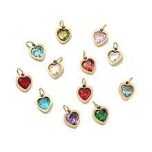 Honeyhandy Vacuum Plating 304 Stainless Steel Pendants, with Cubic Zirconia and Jump Rings, Single Stone Charms, Heart, Golden, Mixed Color, 9x8x3mm, Hole: 3.6mm