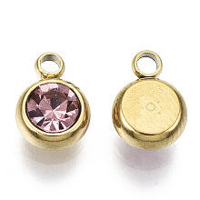 Honeyhandy 201 Stainless Steel Rhinestone Charms, Birthstone Charms, Flat Round, Golden, Amethyst, 8.5x6x3mm, Hole: 1.5mm