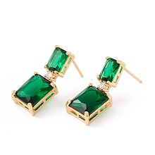 Honeyhandy Dark Green Cubic Zirconia Rectangle Dangle Stud Earrings, Brass Jewelry for Women, Lead Free & Cadmium Free, Real 18K Gold Plated, 22mm, Pin: 0.8mm