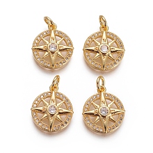 Honeyhandy Brass Pendants, with Micro Pave Cubic Zirconia and Jump Rings, Compass, Clear, Golden, 16x13x3mm, Hole: 3mm