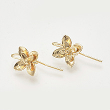 Honeyhandy Brass Ear Stud Findings, with Loop, Flower, Nickel Free, Real 18K Gold Plated, 14.5x10.5mm, Hole: 1mm, Pin: 1mm