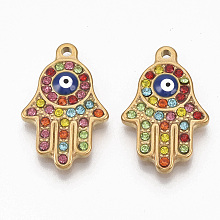 Honeyhandy 304 Stainless Steel Pendants, with Colorful Rhinestone and Enamel, Hamsa Hand/Hand of Fatima/Hand of Miriam with Evil Eye, Golden, 24x15x3.5mm, Hole: 1.6mm