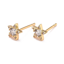 Honeyhandy Star Sparkling Cubic Zirconia Stud Earrings for Her, Brass Micro Pave Cubic Zirconia Earrings, Real 18K Gold Plated, 5.5x6x2mm, Pin: 0.8mm