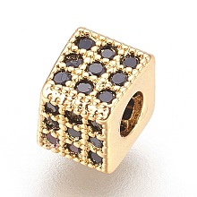 Honeyhandy Brass Micro Pave Cubic Zirconia Beads, Cube, Black, Real 18K Gold Plated, 5x5.5x5.5mm, Hole: 2.5mm