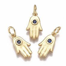 Honeyhandy Brass Micro Pave Cubic Zirconia Charms, with Jump Ring, Long-Lasting Plated, Hamsa Hand/Hand of Fatima/Hand of Miriam, Blue, Real 18K Gold Plated, 14x8x2mm, Hole: 3mm