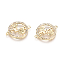 Honeyhandy Brass Micro Pave Clear Cubic Zirconia Links connectors, Flat Round with Butterfly & Word MaMa, for Mother's Day, Golden, 16x20.5x2.5mm, Hole: 1.4mm