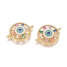 Honeyhandy Brass Micro Pave Cubic Zirconia Links connectors, with Enamel, Flat Round with Evil Eye, Colorful, Golden, 17x23x3.5mm, Hole: 1.2mm