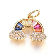 Honeyhandy Brass Micro Pave Cubic Zirconia Pendants, with Jump Ring, Long-Lasting Plated, Rainbow, Colorful, Real 18K Gold Plated, 11.5x14x2mm, Hole: 3.5mm