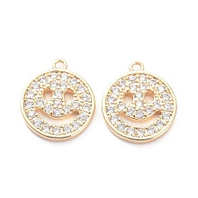 Honeyhandy Brass Micro Pave Clear Cubic Zirconia Charms Pendants, Long-Lasting Plated, Flat Round with Smiling Face, Real 14K Gold Plated, 13.5x11.5x1.5mm, Hole: 1.2mm