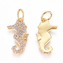 Honeyhandy Brass Charms, with Micro Pave Cubic Zirconia and Jump Rings, Sea Horse, Clear, Golden, 15.5x8x1.2mm, Hole: 3.2mm