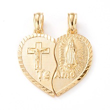 Honeyhandy Brass Split Pendants, Long-Lasting Plated, Heart with Virgin Mary & Jesus & Word Te Amo, Real 18K Gold Plated, 25x12x2mm, Hole: 5x3mm, 2pcs/set