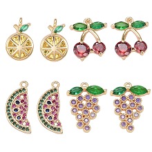 Honeyhandy 8Pcs 4 Style Real 18K Gold Plated Fruit Theme Brass Micro Pave Cubic Zirconia Pendants, Lemon & Cherry & Watermelon & Grape Shape, Mixed Color, 8pcs/box