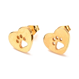 Honeyhandy Ion Plating(IP) 304 Stainless Steel Stud Earrings, Heart with Dog Paw Prints, Golden, 12x10mm, Pin: 0.8mm