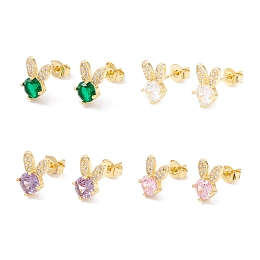 Honeyhandy Brass Micro Pave Cubic Zirconia Stud Earring, Real 18K Gold Plated, Rabbit, Mixed Color, 10x6.5mm, Pin: 1mm