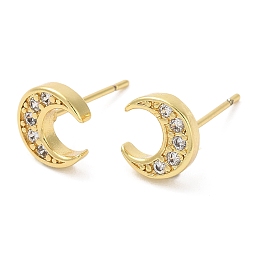 Honeyhandy Rack Plating Brass Crescent Moon Stud Earrings with Cubic Zirconia, Lead Free & Cadmium Free, Real 18K Gold Plated, 8x7.5mm