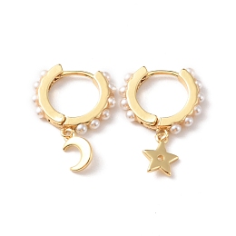 Honeyhandy Moon & Star Plastic Imitation Pearls Dangle Hoop Earrings, Rack Plating Brass Asymmetrical Earrings for Women, Long-Lasting Plated, Lead Free & Cadmium Free, Real 18K Gold Plated, 23mm, Pin: 1mm