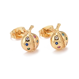 Honeyhandy Colorful Cubic Zirconia Ladybug Stud Earrings, Real 18K Gold Plated Brass Jewelry for Women, Cadmium Free & Lead Free, Real 18K Gold Plated, 10.5x7.5mm, Pin: 0.7mm