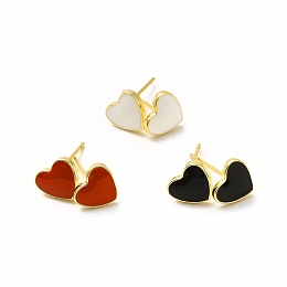 Honeyhandy Enamel Heart Stud Earrings, Real 18K Gold Plated Brass Jewelry for Women, Lead Free & Cadmium Free, Mixed Color, 7x8mm, Pin: 0.8mm