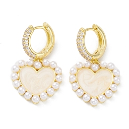 Honeyhandy Heart Rack Plating Brass Cubic Zirconia Hoop Earrings with Plastic Pearl Beads, Long-Lasting Plated Dangle Earrings for Women, Lead Free & Cadmium Free, Real 18K Gold Plated, 33mm, Pin: 0.9mm