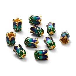 Honeyhandy Alloy Bead Caps, with Enamel, 5-Petal, Light Gold, Sea Green, 11x8mm, Hole: 2mm