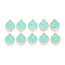 Honeyhandy Light Gold Plated Alloy Enamel Charms, Enamelled Sequins, Flat Round with Number, Number 0~9, Turquoise, 14.5x12x2.5mm, Hole: 1.4mm, 10pcs/set