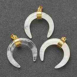 Honeyhandy Natural Quartz Crystal Pendants, with Golden Brass Findings, Double Horn/Crescent Moon, 31~33x30x10mm, Hole: 6x4mm