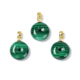 Honeyhandy Natural Malachite Pendants, Flat Round Charms, with Golden Plated 925 Sterling Snap on Bails, 15.5x12x5.2~5.4mm, Hole: 1.7x2.7mm