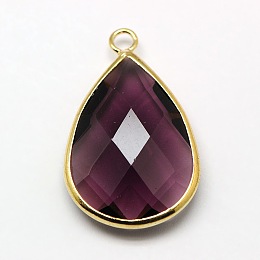 Honeyhandy Golden Tone Brass Glass Teardrop Pendants, Faceted, Purple, 18x10x5mm, Hole: 2mm