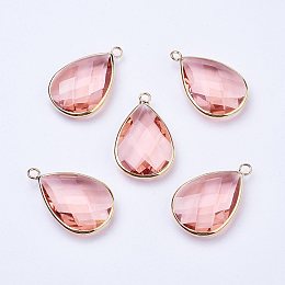 Honeyhandy Golden Tone Brass Glass Teardrop Pendants, Faceted, Misty Rose, 18x10x5mm, Hole: 2mm