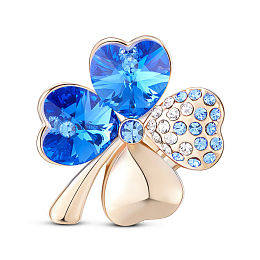 SHEGRACE Alloy Brooch, Micro Pave AAA Cubic Zirconia Four Leaf Clover with Austrian Crystal, Sapphire, 22x25mm