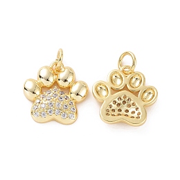 Honeyhandy Rack Plating Brass Micro Pave Cubic Zirconia Charms, with Jump Ring, Long-Lasting Plated, Cadmium Free & Lead Free, Dog's Paw Print Charm, Real 18K Gold Plated, 15x14.5x3mm, Hole: 3mm