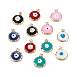 Honeyhandy Brass Enamel Charms, with Jump Ring, Real 18K Gold Plated, Long-Lasting Plated, Lead Free & Nickel Free & Cadmium Free, Flat Round with Evil Eye, Mixed Color, 13x10x2.5mm, Hole: 1.2mm